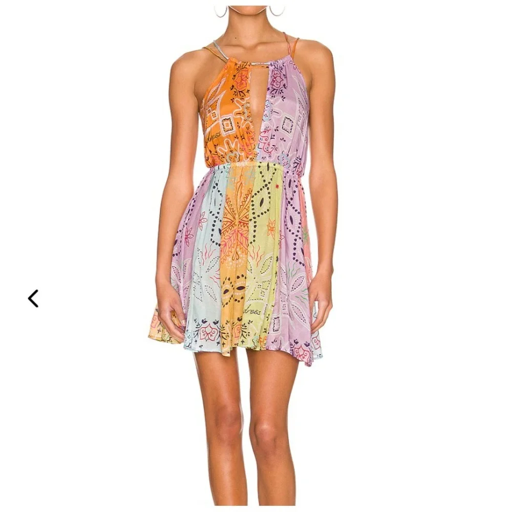NWT Sundress X Revolve Sz M Crystal Saint Tropez Mini Dress Patchwork Vacation - Picture 1 of 10
